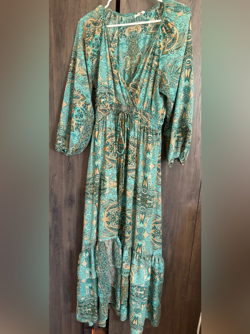 Women's Teal Paisley Maxi Dress with Smocked Waist